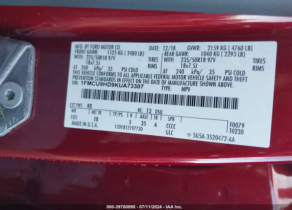 2019 FORD ESCAPE SEL VIN: 1FMCU9HD9KUA73307