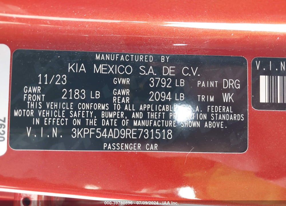 2024 KIA FORTE GT LINE VIN: 3KPF54AD9RE731518