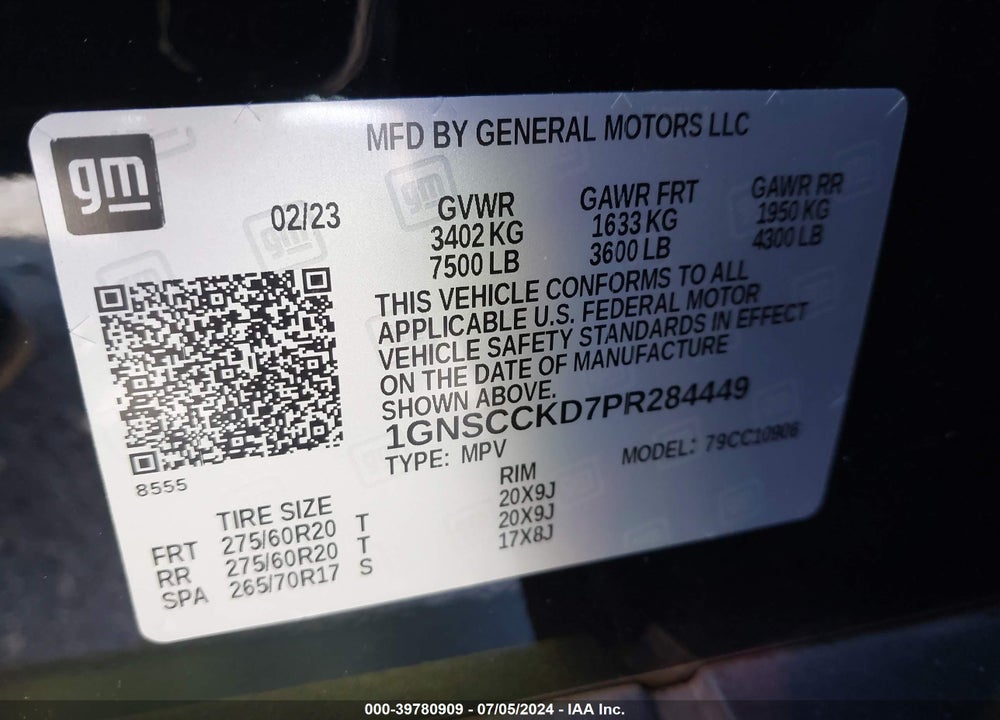 2023 CHEVROLET SUBURBAN 2WD LT VIN: 1GNSCCKD7PR284449