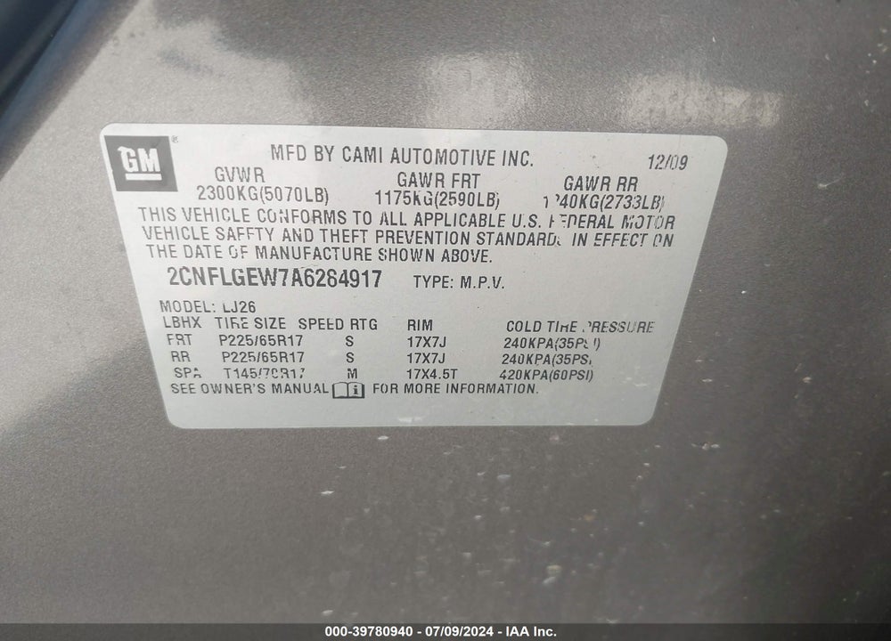 2010 CHEVROLET EQUINOX LTZ VIN: 2CNFLGEW7A6284917