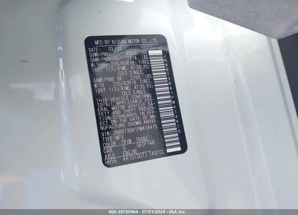 2023 NISSAN ROGUE SV FWD VIN: JN8BT3BA1PW414410