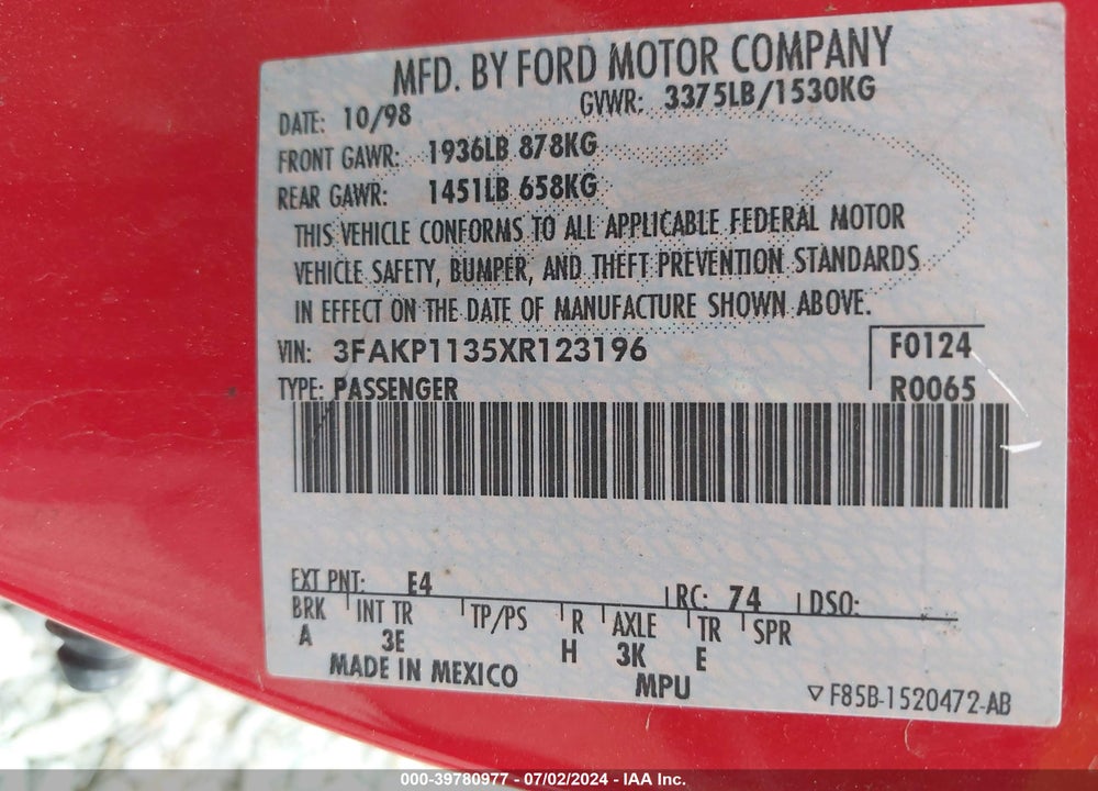 1999 FORD ESCORT ZX2 COOL/ZX2 HOT VIN: 3FAKP1135XR123196
