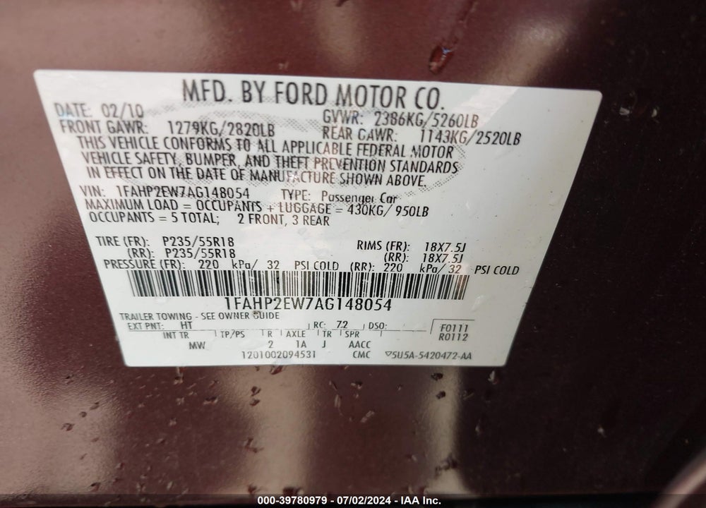 2010 FORD TAURUS SEL VIN: 1FAHP2EW7AG148054