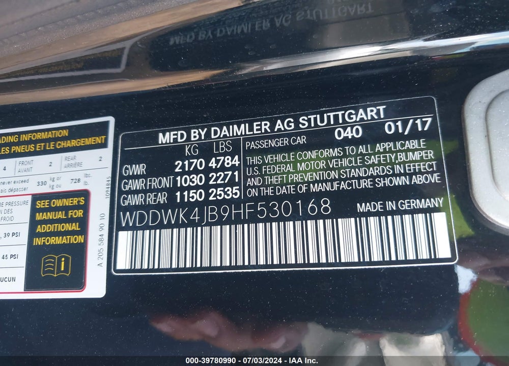 2017 MERCEDES-BENZ C 300 VIN: WDDWK4JB9HF530168