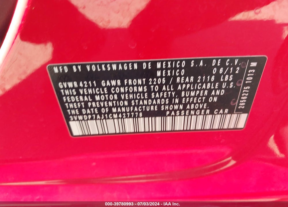 2012 VOLKSWAGEN JETTA 2.5L SE VIN: 3VWDP7AJ1CM427778