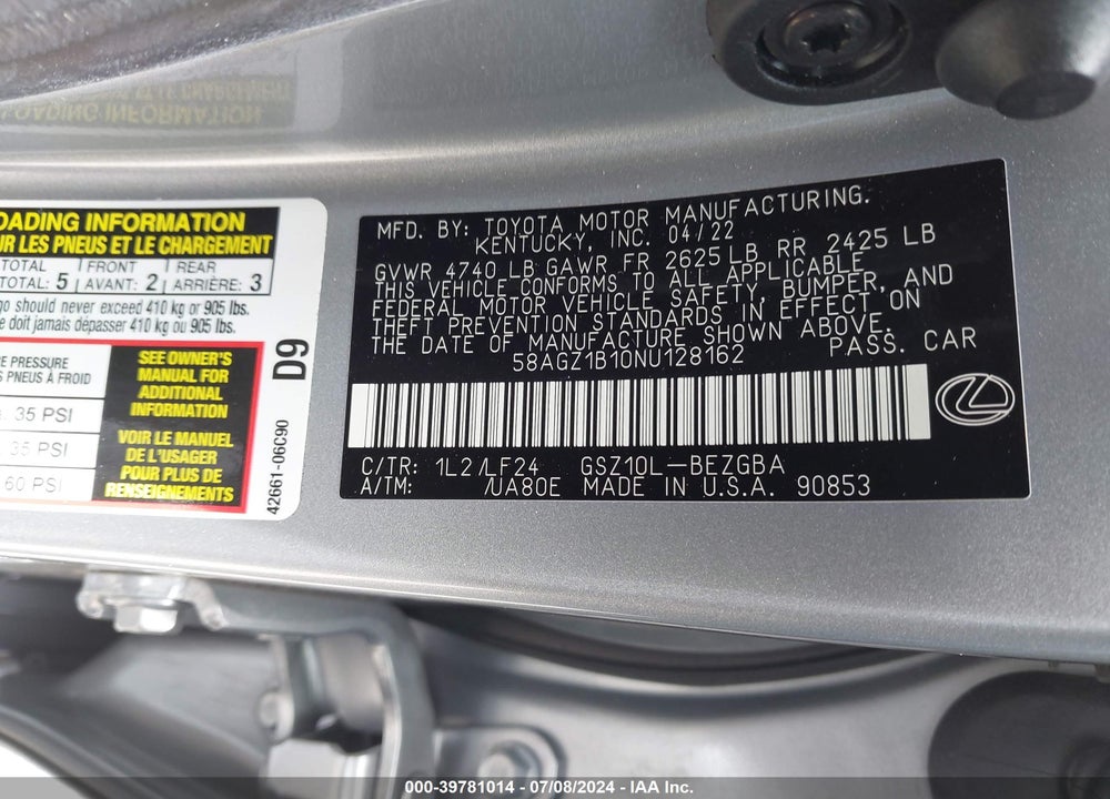 2022 LEXUS ES 350 F-SPORT VIN: 58AGZ1B10NU128162