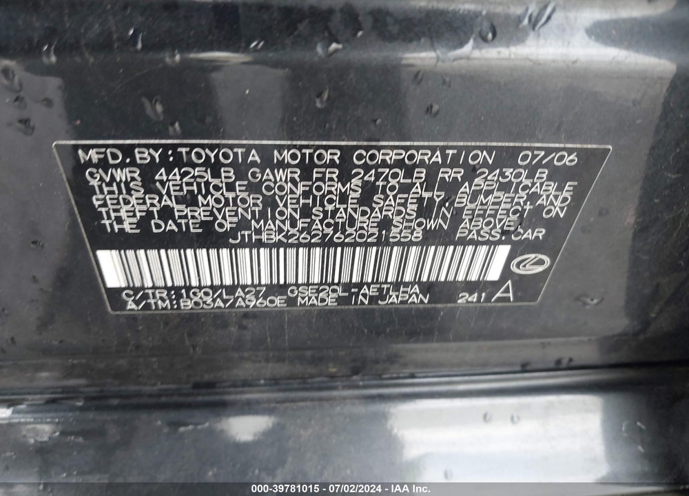 2006 LEXUS IS 250 VIN: JTHBK262762021558