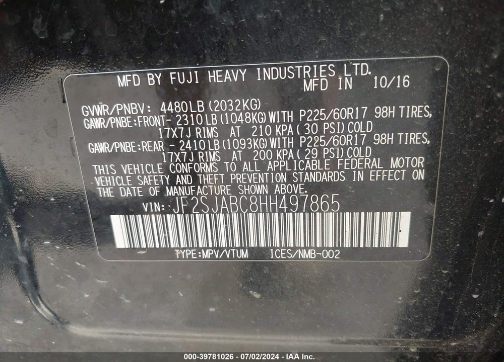 2017 SUBARU FORESTER 2.5I VIN: JF2SJABC8HH497865