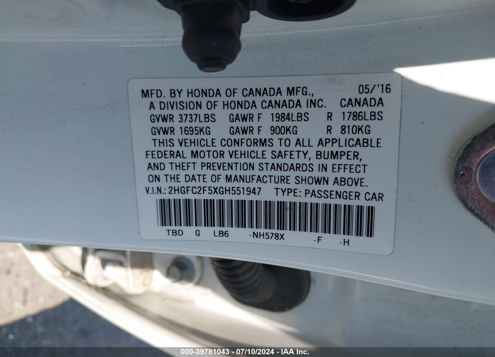 2016 HONDA CIVIC LX VIN: 2HGFC2F5XGH551947