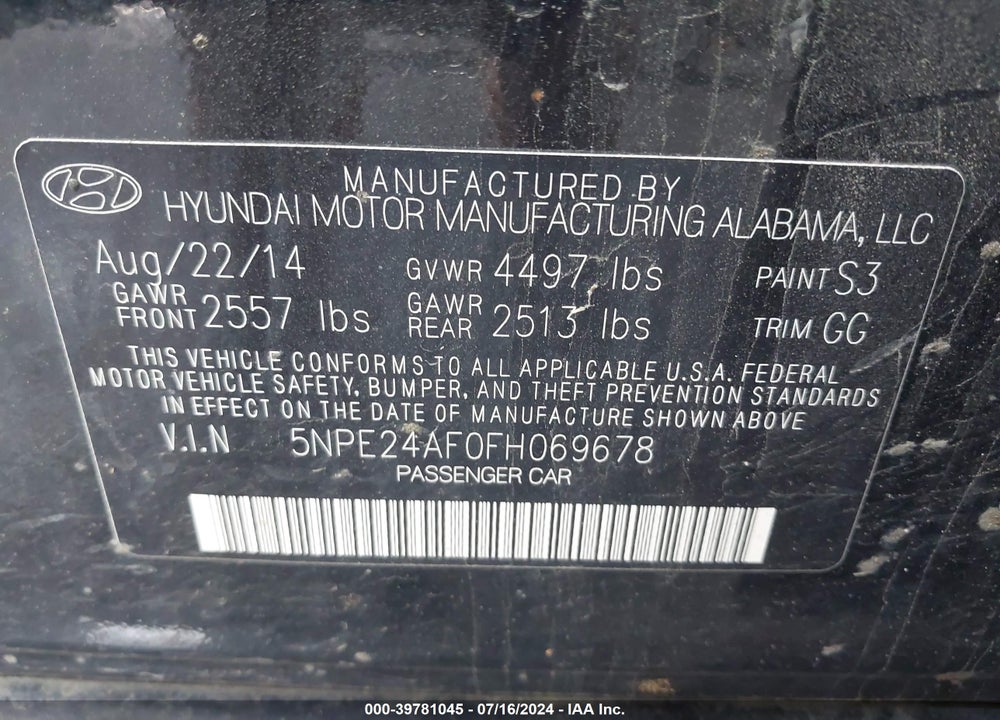 2015 HYUNDAI SONATA SE VIN: 5NPE24AF0FH069678