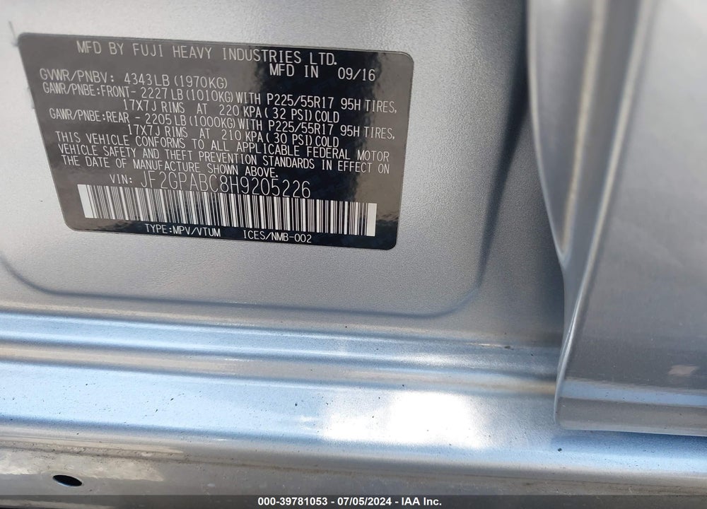 2017 SUBARU CROSSTREK 2.0I PREMIUM VIN: JF2GPABC8H9205226