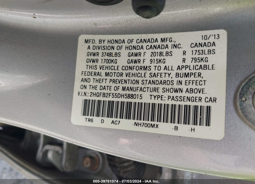 2013 HONDA CIVIC LX VIN: 2HGFB2F55DH588015