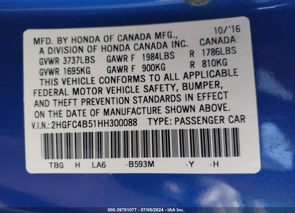 2017 HONDA CIVIC LX VIN: 2HGFC4B51HH300088
