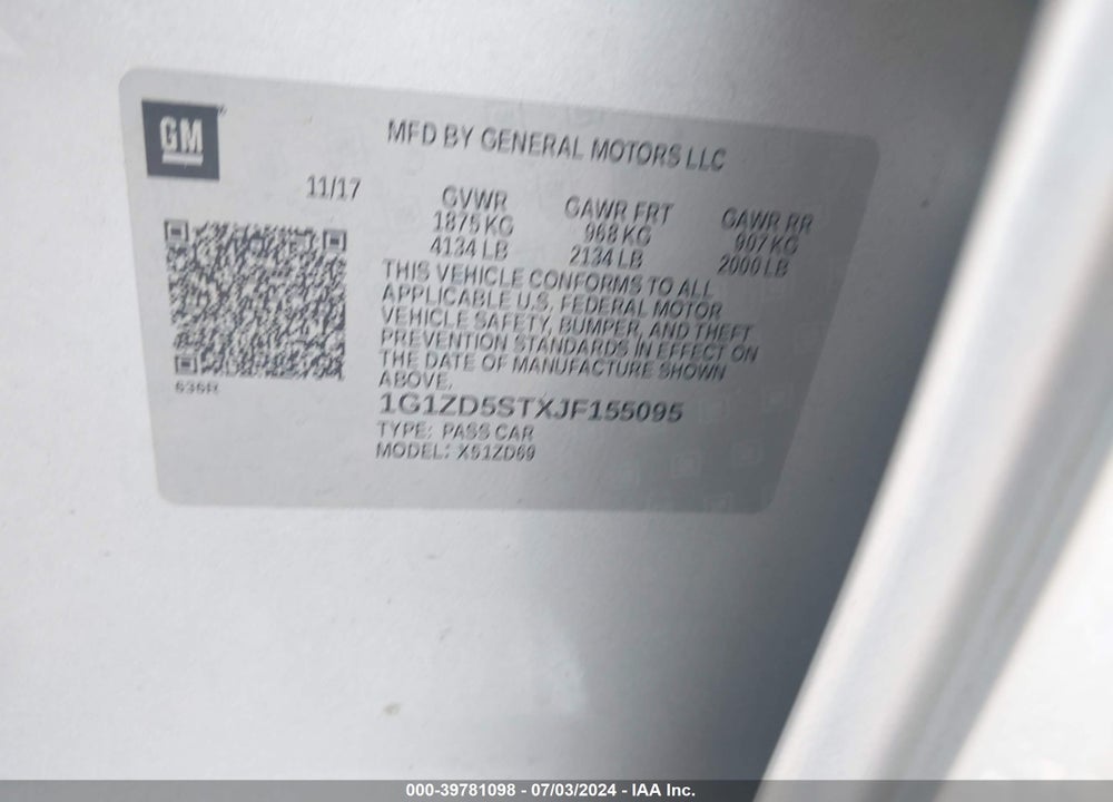 2018 CHEVROLET MALIBU LT VIN: 1G1ZD5STXJF155095