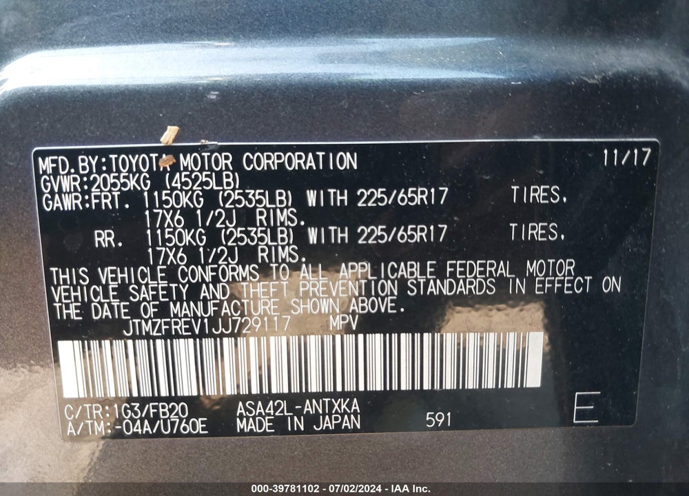 2018 TOYOTA RAV4 LE VIN: JTMZFREV1JJ729117