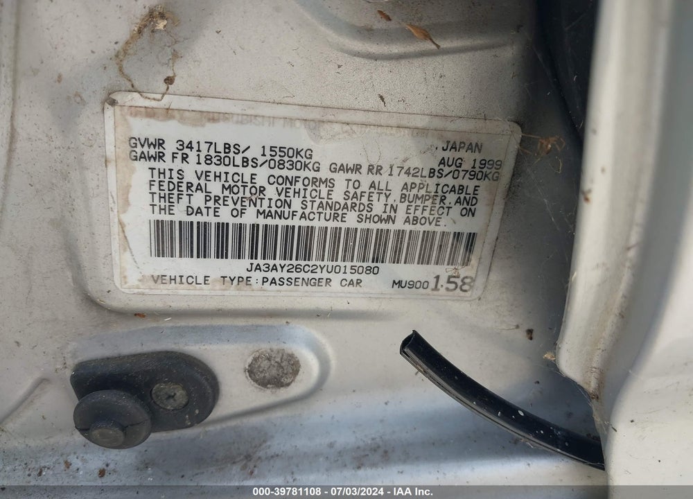 2000 MITSUBISHI MIRAGE DE VIN: JA3AY26C2YU015080