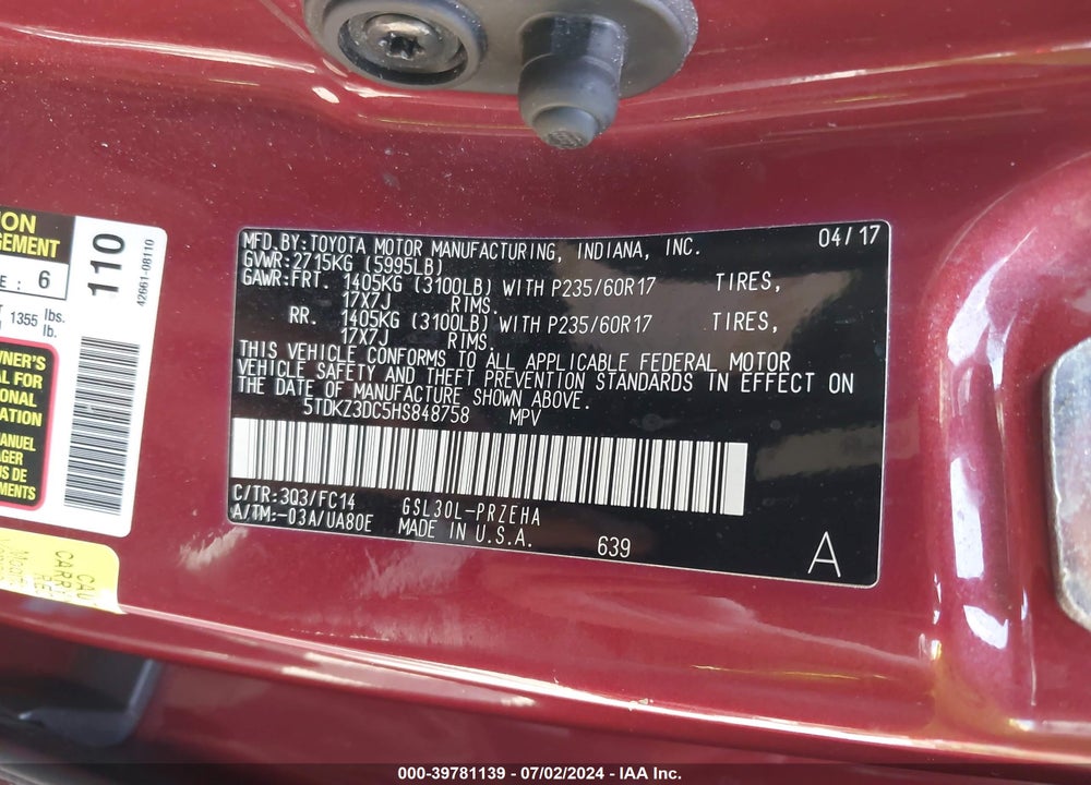 2017 TOYOTA SIENNA LE 8 PASSENGER VIN: 5TDKZ3DC5HS848758