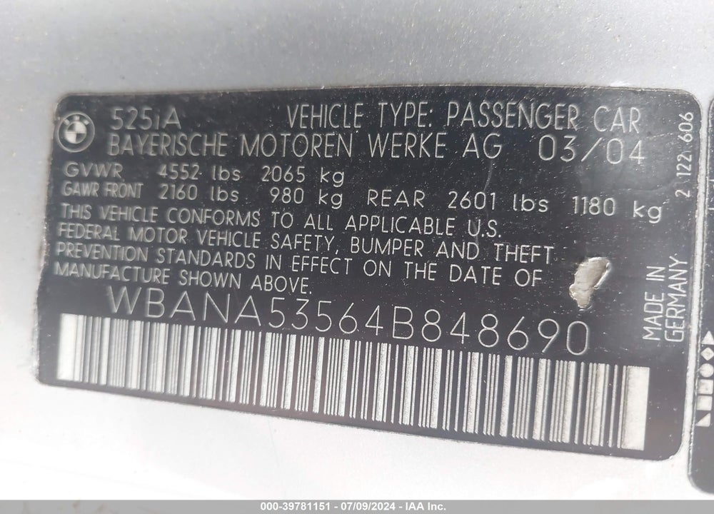 2004 BMW 525I VIN: WBANA53564B848690