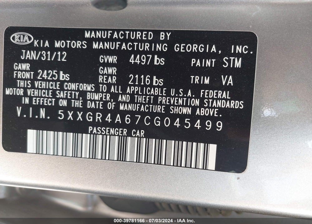 2012 KIA OPTIMA SX VIN: 5XXGR4A67CG045499