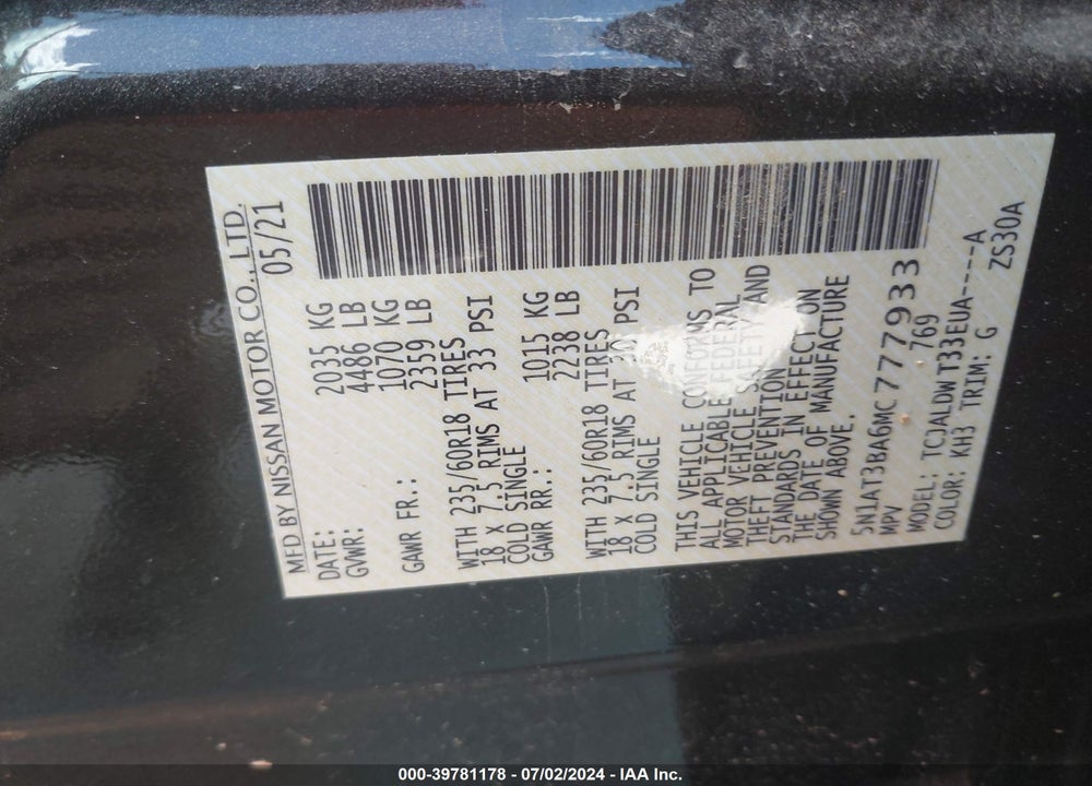 2021 NISSAN ROGUE SV FWD VIN: 5N1AT3BA6MC777933