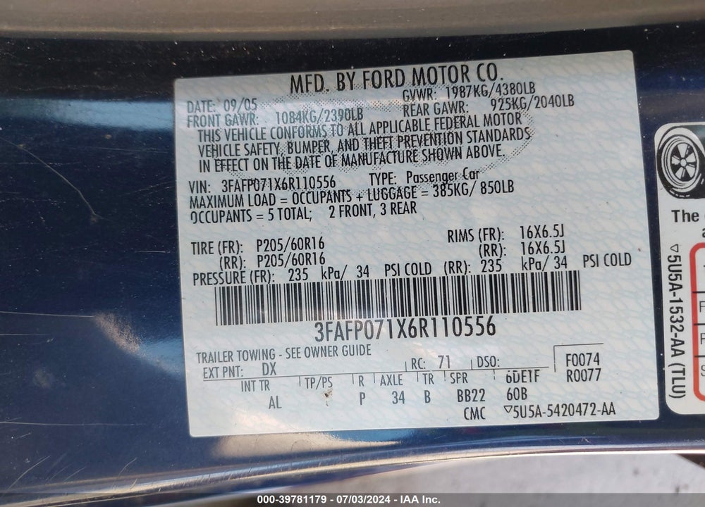 2006 FORD FUSION SE VIN: 3FAFP071X6R110556
