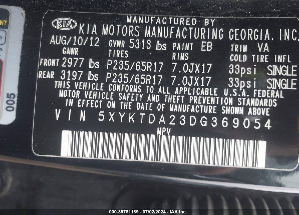 2013 KIA SORENTO LX V6 VIN: 5XYKTDA23DG369054