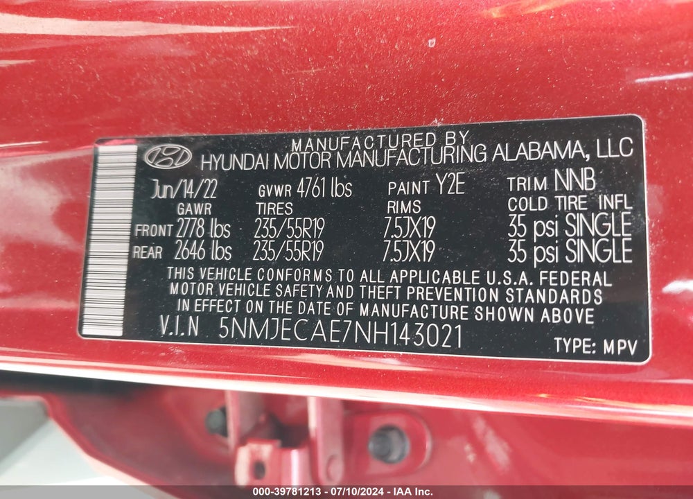 2022 HYUNDAI TUCSON LIMITED VIN: 5NMJECAE7NH143021
