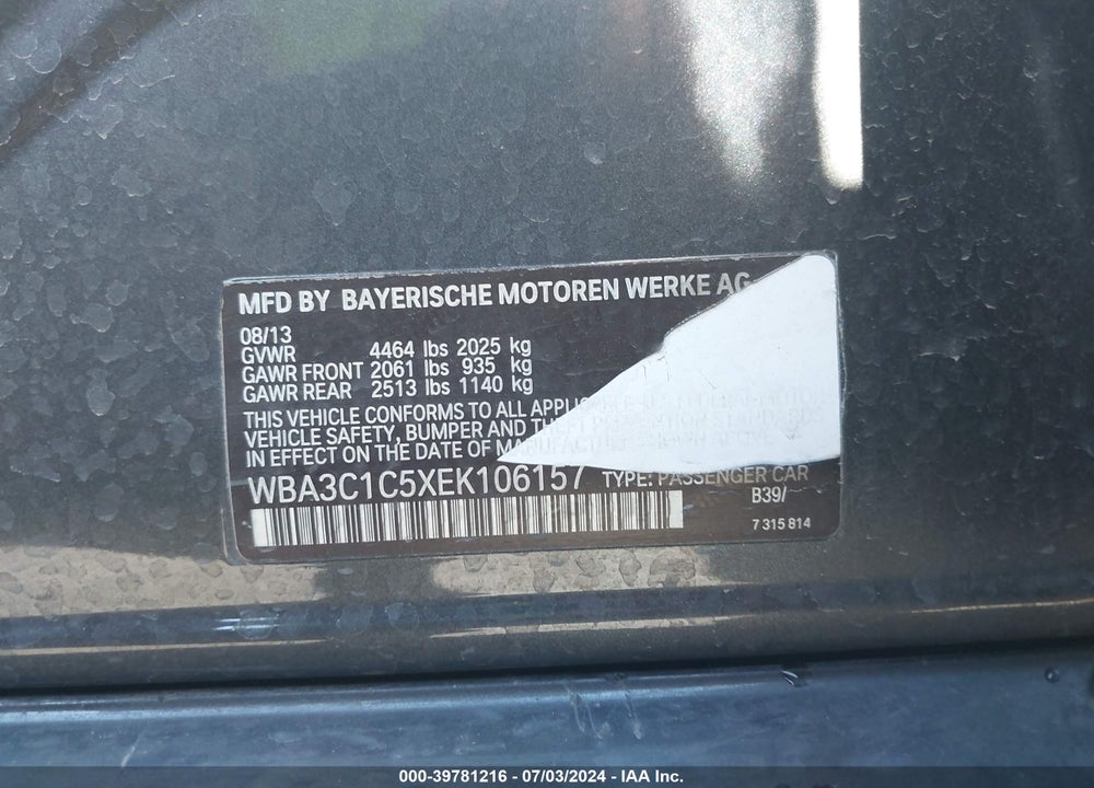2014 BMW 328I VIN: WBA3C1C5XEK106157