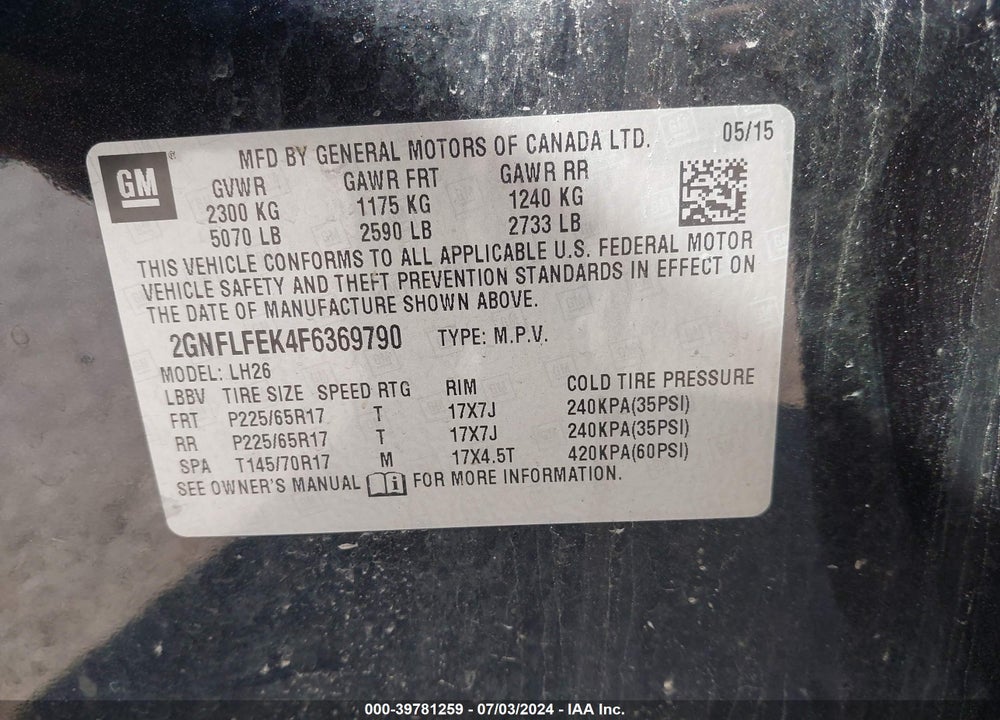 2015 CHEVROLET EQUINOX 1LT VIN: 2GNFLFEK4F6369790