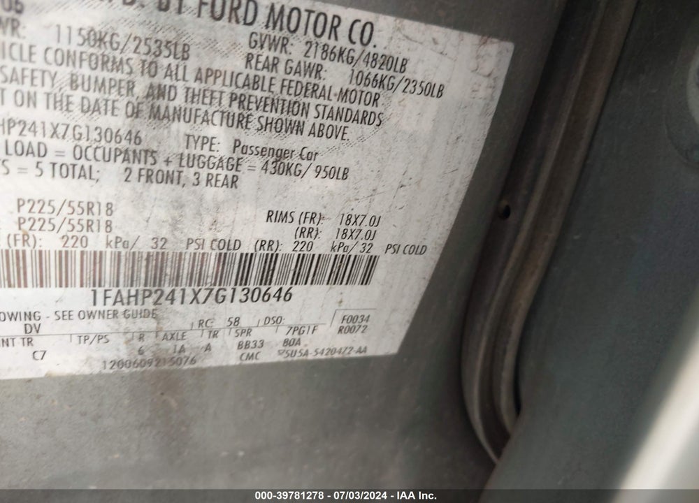 2007 FORD FIVE HUNDRED SEL VIN: 1FAHP241X7G130646