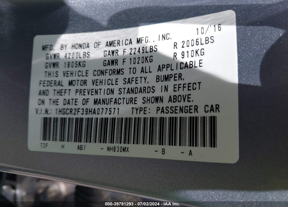 2017 HONDA ACCORD LX VIN: 1HGCR2F39HA077571