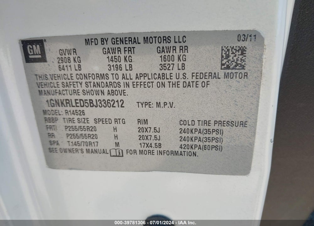 2011 CHEVROLET TRAVERSE LTZ VIN: 1GNKRLED5BJ336212