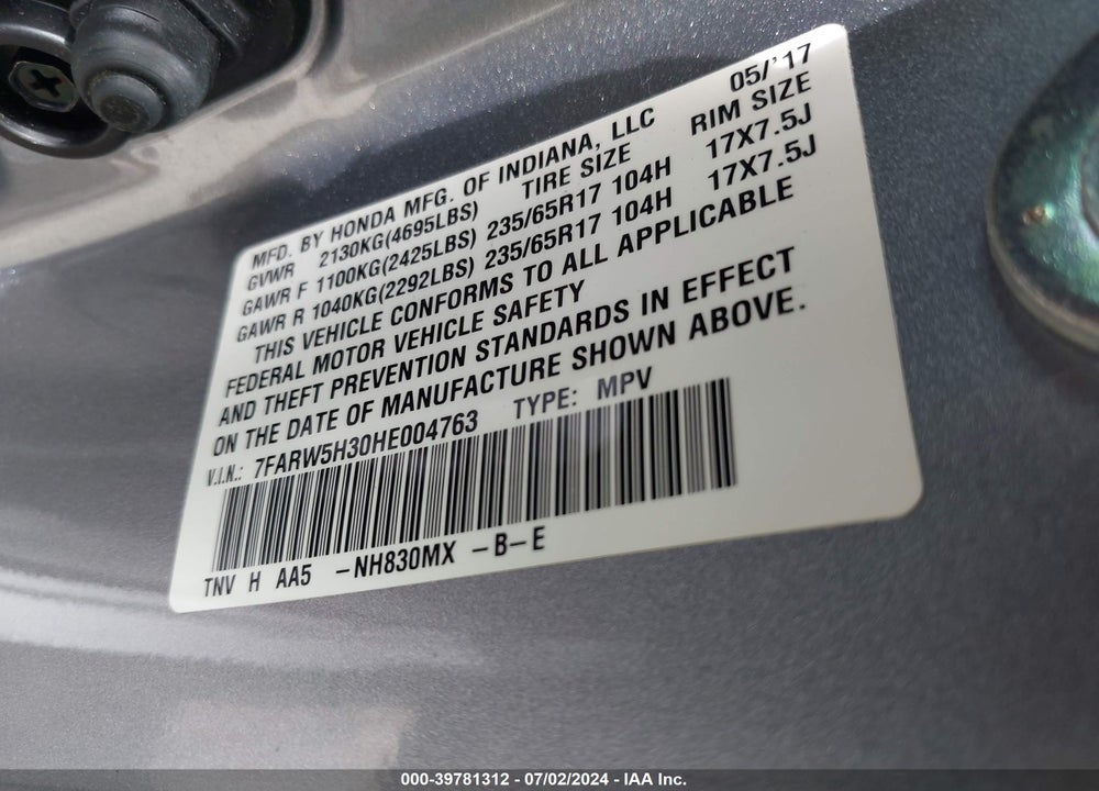 2017 HONDA CR-V LX VIN: 7FARW5H30HE004763