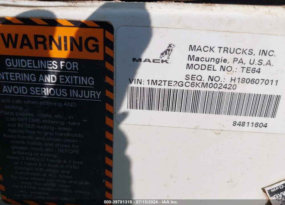 2019 MACK TERRAPRO VIN: 1M2TE2GC6KM002420