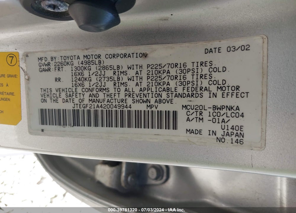 2002 TOYOTA HIGHLANDER LIMITED V6 VIN: JTEGF21A420049944