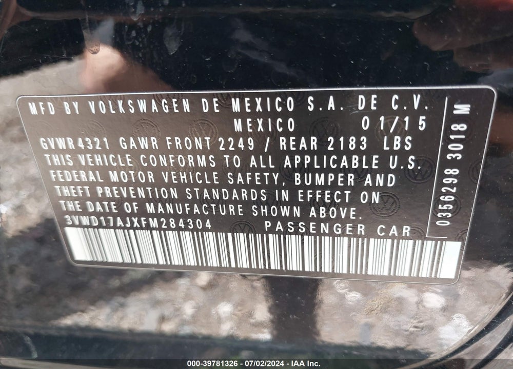 2015 VOLKSWAGEN JETTA 1.8T SE VIN: 3VWD17AJXFM284304