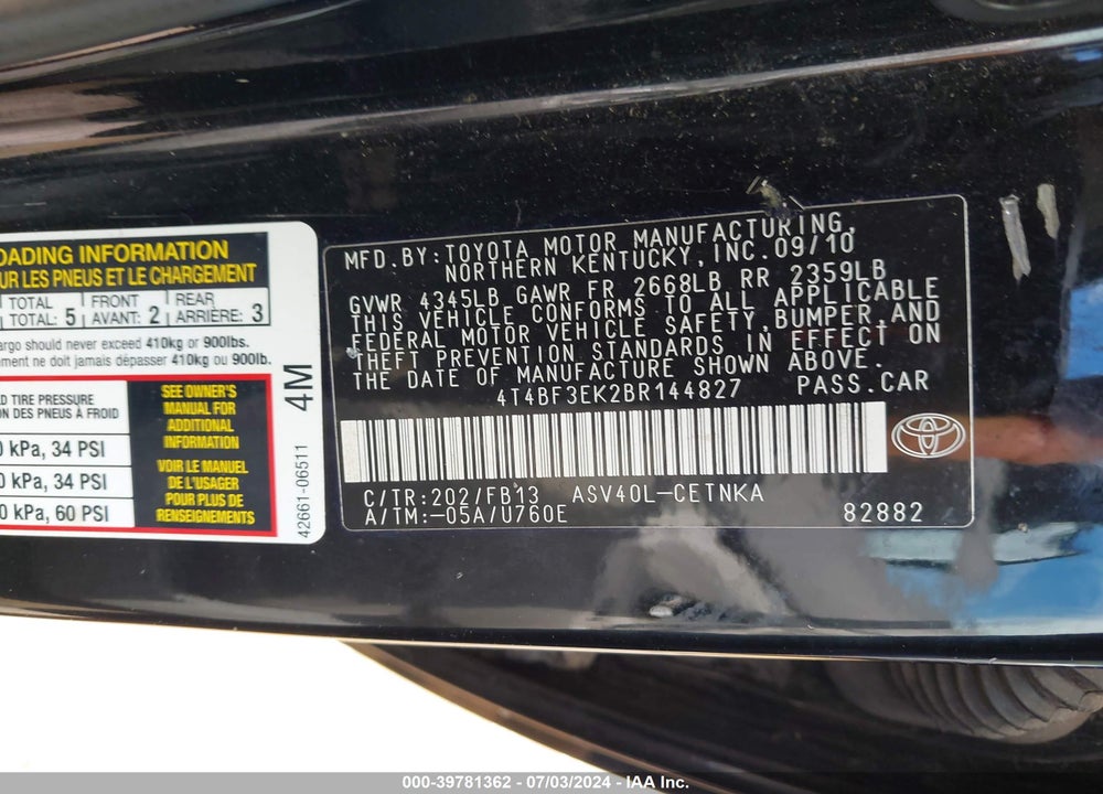 2011 TOYOTA CAMRY LE VIN: 4T4BF3EK2BR144827