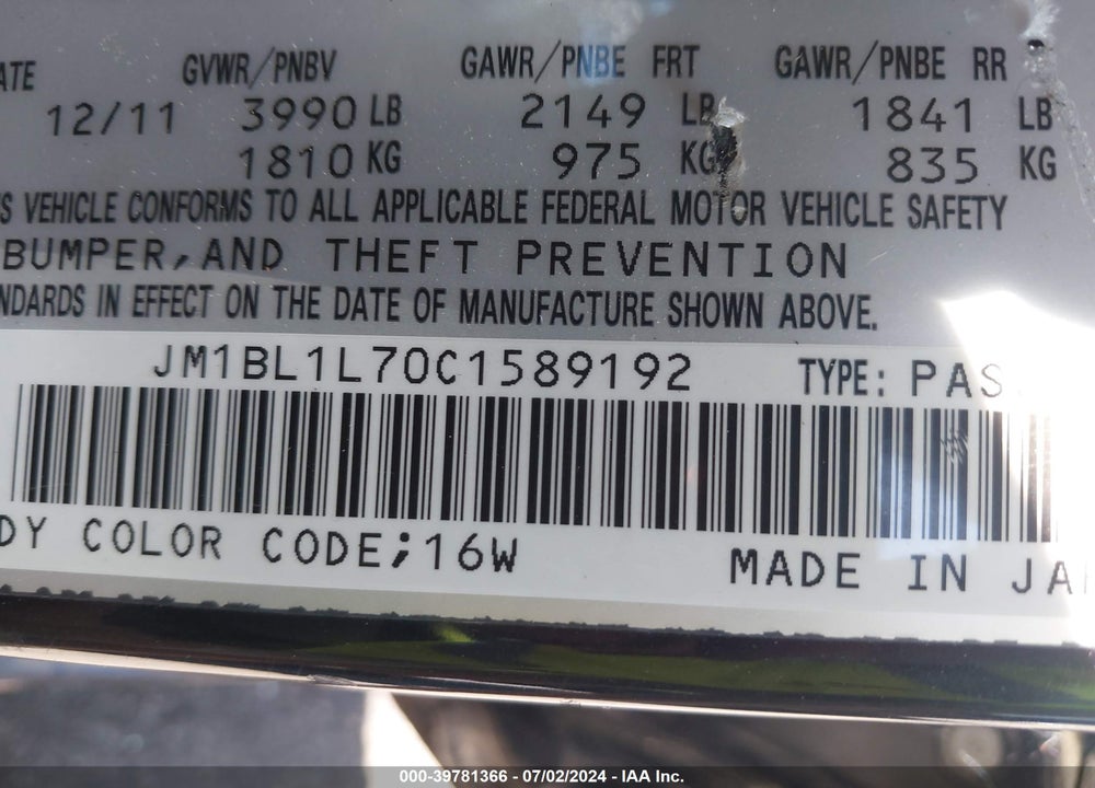 2012 MAZDA 3 VIN: JM1BL1L70C1589192