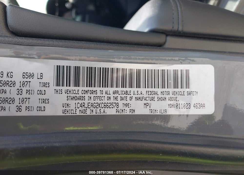 2019 JEEP GRAND CHEROKEE ALTITUDE 4X2 VIN: 1C4RJEAG2KC662578