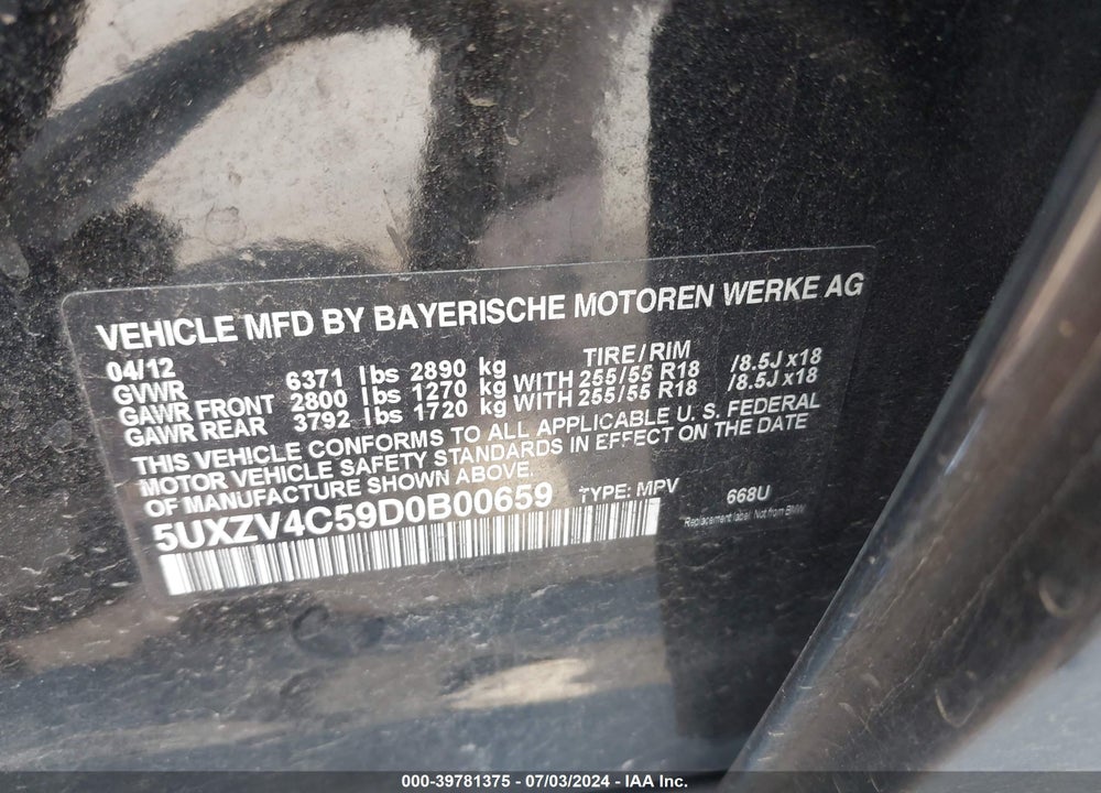 2013 BMW X5 XDRIVE35I/XDRIVE35I PREMIUM/XDRIVE35I SPORT ACTIVITY VIN: 5UXZV4C59D0B00659
