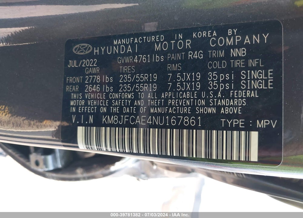 2022 HYUNDAI TUCSON XRT VIN: KM8JFCAE4NU167861