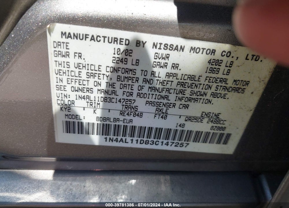 2003 NISSAN ALTIMA 2.5 S VIN: 1N4AL11D83C147257