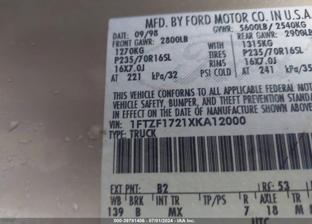1999 FORD F-150 WORK SERIES/XL/XLT VIN: 1FTZF1721XKA12000