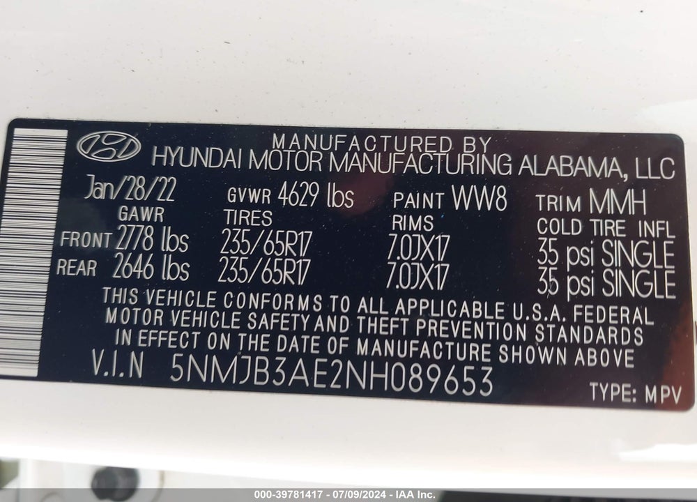 2022 HYUNDAI TUCSON SEL VIN: 5NMJB3AE2NH089653