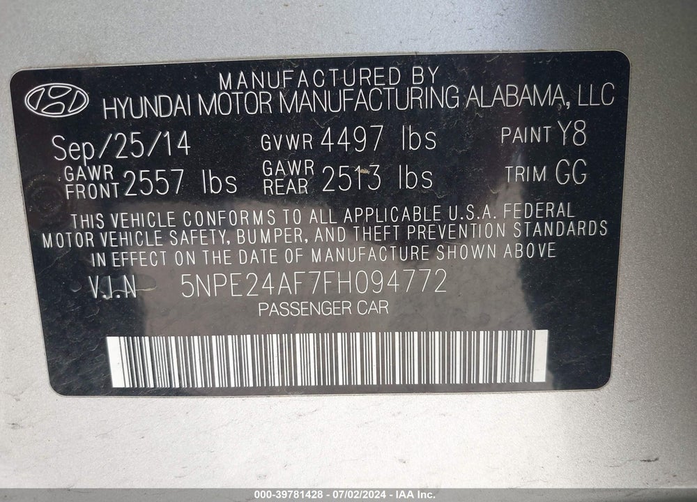 2015 HYUNDAI SONATA SE VIN: 5NPE24AF7FH094772