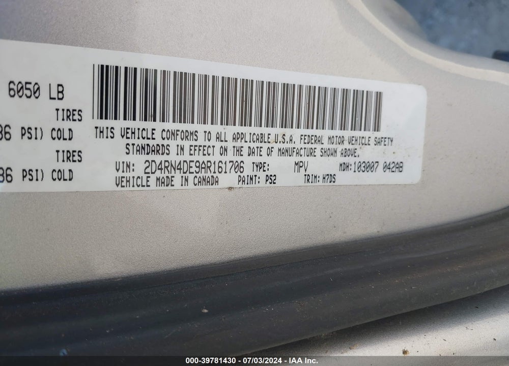 2010 DODGE GRAND CARAVAN VIN: 2D4RN4DE9AR161706