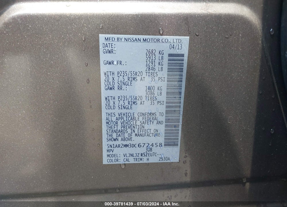 2013 NISSAN PATHFINDER PLATINUM VIN: 5N1AR2MM3DC672458