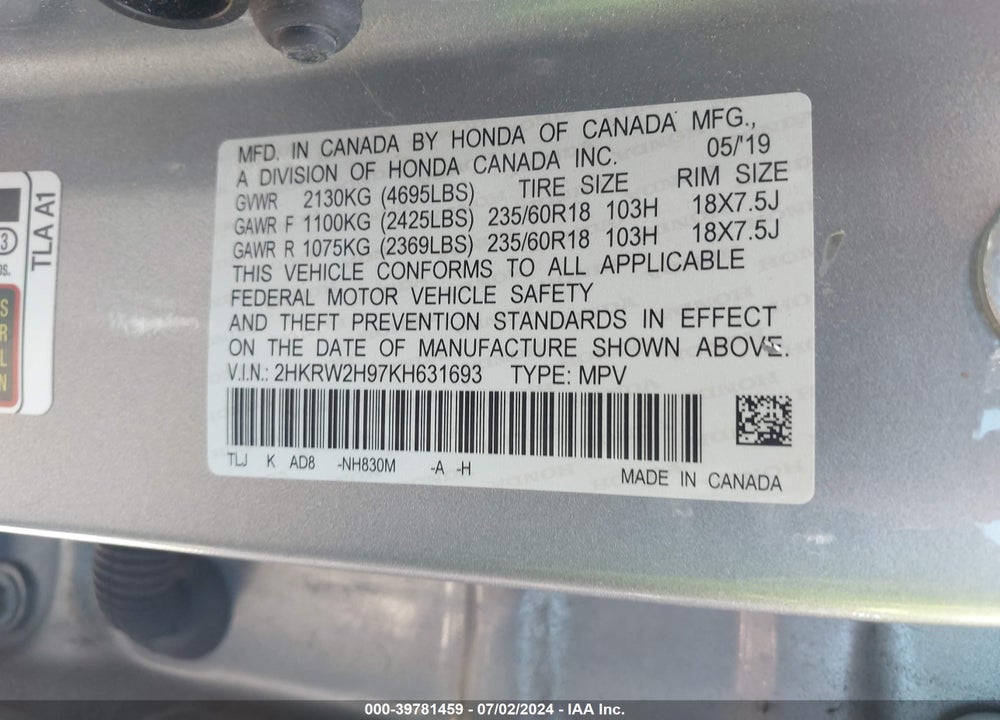 2019 HONDA CR-V TOURING VIN: 2HKRW2H97KH631693