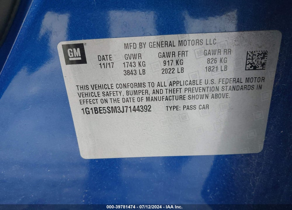 2018 CHEVROLET CRUZE LT AUTO VIN: 1G1BE5SM3J7144392
