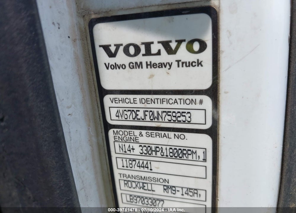 1998 VOLVO VN VIN: 4VG7DEJF0WN759253